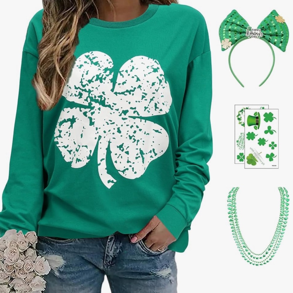 NWT St Patricks Day Outfits Women Long Sleeve Shirt, Headband Stickers Necklace